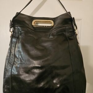 Vintage Charles David Black Leather Fold Over Bag with Gold Accent